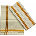 Kolakeer™ Men's Cotton Kasavu Dhoti and Angavastram Set - 2.0 Mtrs Veshti Mundu and 1.8 Mtrs Angavastram with Gold Zari Border (30K Dhoti - 30K Angavastram, Cream)