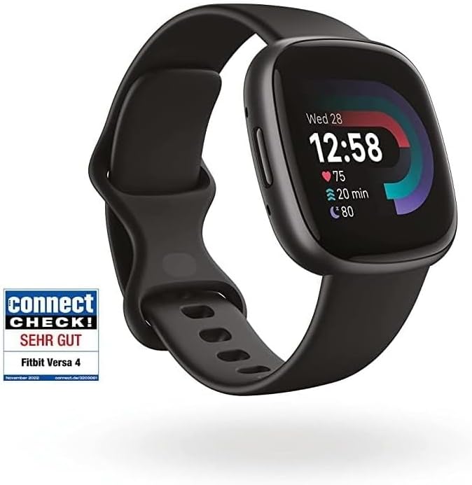 Google Versa 4 Smartwatch Fitness Tracker enthält eine 3 monatige Google Health Premium Mitgliedschaft, 6 Tage Akkulaufzeit – Kompatibel mit Android/iOS, Schwarz/Aluminium in Graphit