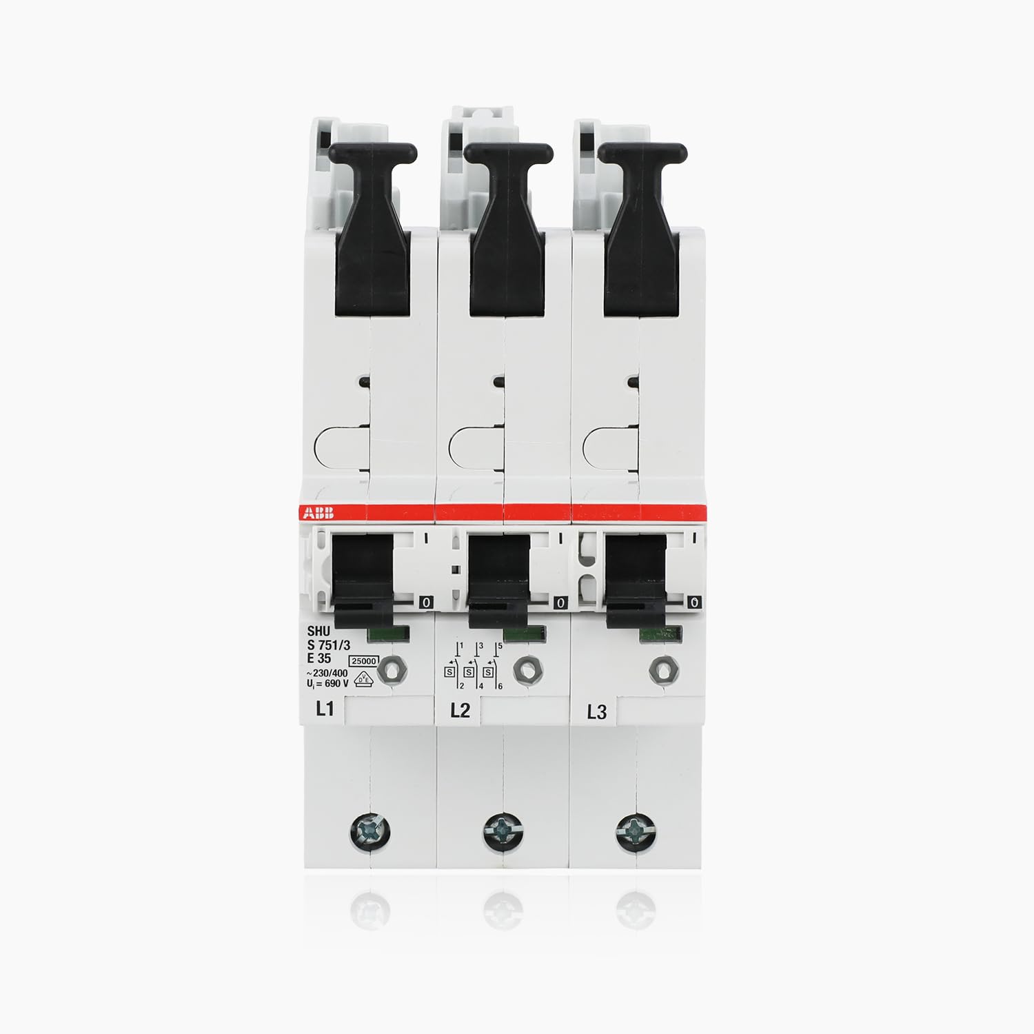 ABB S751/3-E35 – Selective main circuit breaker (measuring voltage: 230 V / 400 V, insulation test voltage: 50 Hz / 60 Hz. Ambient temperature: Operation: -25°C to +55°C, Storage: -40°C to +70°C
