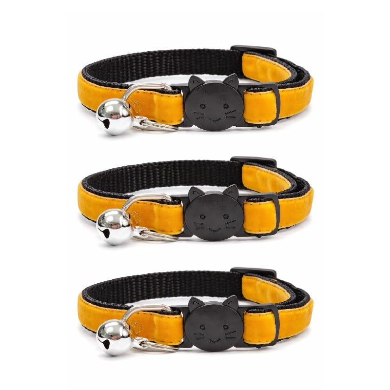 Velvet Cat Collars with Bell. Safe Breakaway Quick Release Buckle. Available in Cat & Kitten Size (Pack of 3) (Cat Collar (20cm - 30cm), Gold Velvet (Pack of 3))