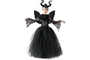 OBEEII Kids Girls Witch Costume Handmade Knitted Tulle Dress Evil Queen Dress Up Costume for Halloween Carnival Cosplay