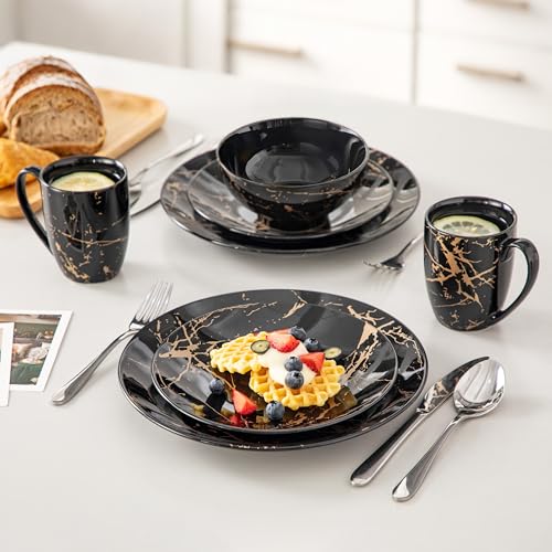 LOVECASA Daphne - 6 Person Dinner Set Plates, Modern Complete Porcelain Tableware, 24 Pieces (Flat Sides, Dessert Bowls, Cereal Bowls, Cups) - Black & Gold Design