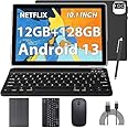 Android 13 Tablet, 10 inch 12GB RAM+128GB ROM, 2.0Ghz Quad-core Computer, 2.4G/5G WiFi6 BT 5.0 Tablet PC, 1280*800 IPS HD Screen, 2 in 1 Tablets with Keyboard Case Mouse Stylus, 6000mAH Battery Tab