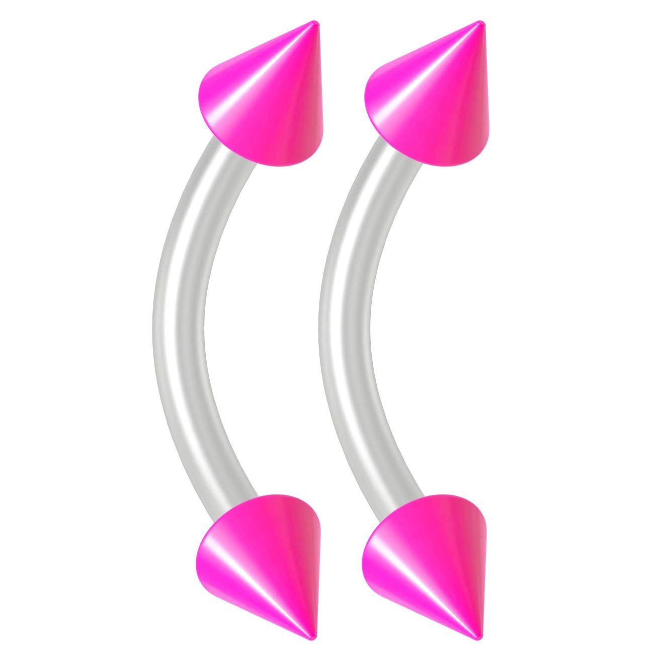 Bling Piercing 2pc 16g Flexible Bioflex Curved Barbell 3mm Pink Spike Acrylic 8mm Bioplast J-Curve Bent Banana Bar