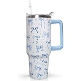 wmvhdiw 30 Oz Blue Bow Tumbler With Handle, Blue Bow Decor Coffee Travel Mug Cup Water Bottle, Gifts for Women Girls