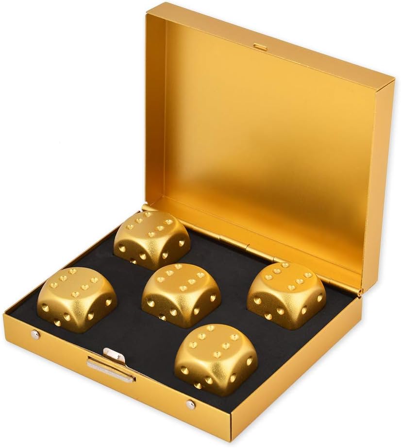 SCSpecial Dados de aleación de Aluminio de 5 Piezas Dados portátiles de 16 mm con Caja de Metal Dados de 6 Caras para Beber Juego de Fiesta - Dorado