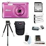 Nikon COOLPIX S3700 Camera (Pink) with 32GB SD Card & Battery Pack Bundle