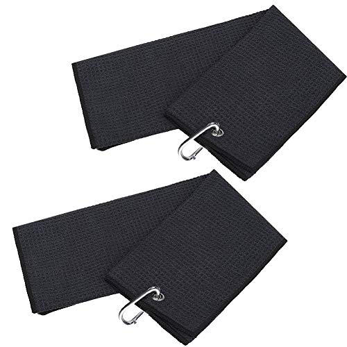 2 Pack Golf Towels, Black Microfiber Waffle Pattern Tri-Fold Golf Club Ball Cleaning Towel For Golf Bags With Clip Men Women Golf Gifts - Thumbnail 7
