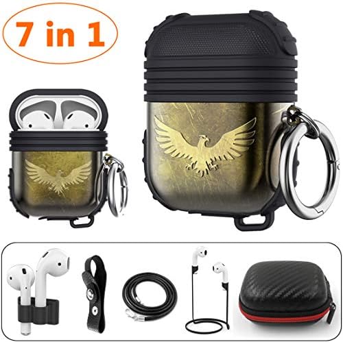 HALLEAST (7 In 1) Accessories Compatible AirPods Holder Portable Carrying Silicone Cover Anti-Lost Strap Shock Resistant Metal Hard Case Compatible Apple AirPod 2 & 1, Not for Wireless Charging (Dune)
