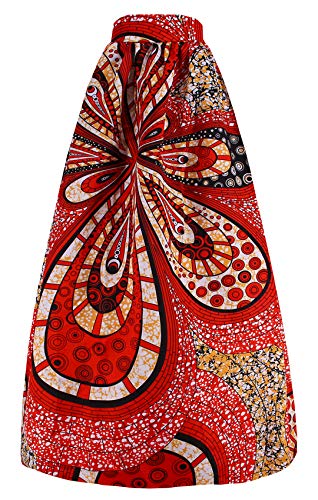 Novia's Choice Women African Floral Print Pleated High Waist Maxi Casual A-Line Skirt(Big Red Flower L)