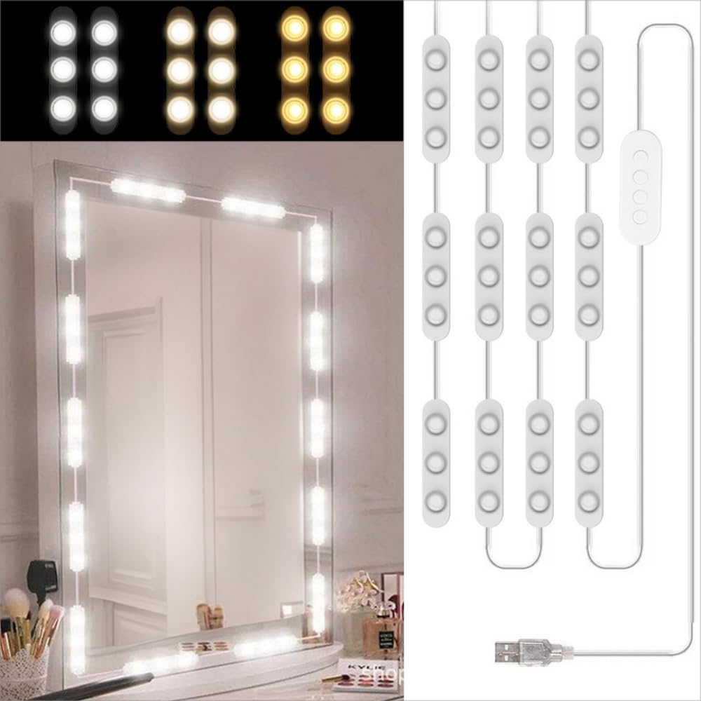 Litinliv 5M LED Vanity Mirror Light Kit, 60 Dimmable LEDs, 3 Colors Hollywood Style Dressing Table Strip, for Bathroom Makeup Vanity