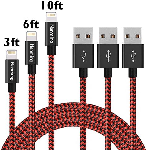 3Pcs 3ft 6ft 10ft Durable iphone Cable iphone Charger Nylon Braided Sync and Charging Cord with Aluminum Connector for iPhone7/7plus, SE/6/6s/6 plus/6s plus, 5c/5s/5, iPad Air/Mini(Red+Black)