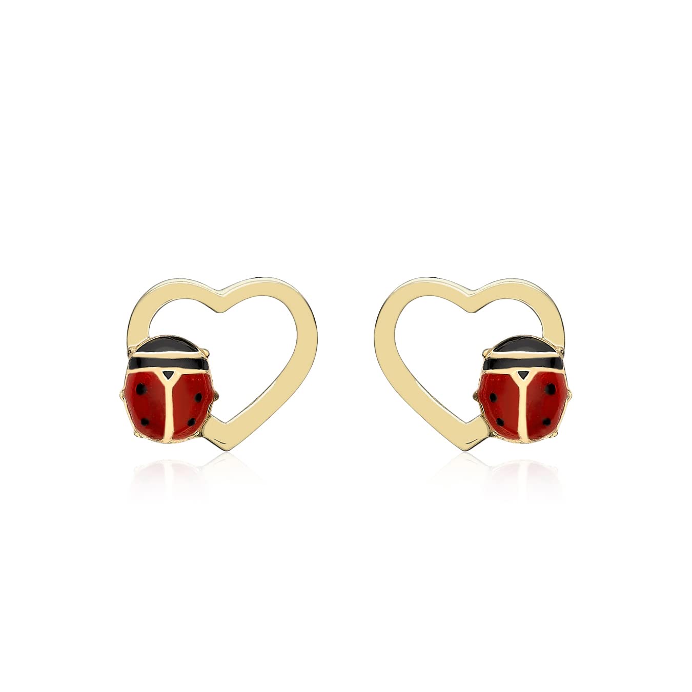 CARISSIMA Women's 9ct Yellow Gold Open-Heart and Ladybird Stud Earrings - 8.2mm x 6.9mm