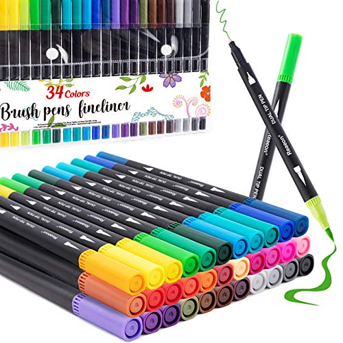Coloring Markers Pen, Dual Brush Tip Marker for Adult Coloring, 34 Color Calligraphy Brush Fine Tip Pen for Beginner Journal Planner, Drawing, Doodle