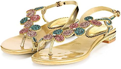 Geminigirl Women's Gold Rhinestone Bridesmaid Prom Dress Shoes Slingback Summer Beach Flats Sandals 9.5 M US
