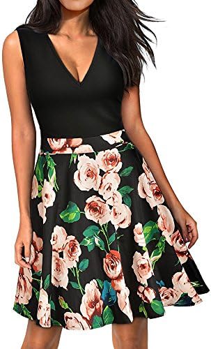 FORTULY Women's Vintage Casual Flare Floral Contrast Sleeveless Cocktail Party Mini Dress