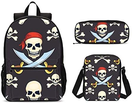Delerain Pirate Skull 3 PCs Backpack Set for Kids Back to School Bookbag with Shouder Bag and Pencil Case Durable Lightweight Travel for Teens Students Boys Girls