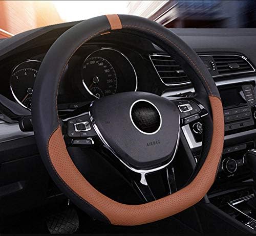Leather Car Steering Wheel Cover,Non-slip breathable,environmentally friendly,tasteless leather,two-color stitching Black_brown Steering wheel cover Universal 38cm/15"