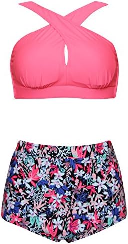 High Waisted Floral Bikini Front Cross Red Tribal Plus Size Swimwear-KJX005-RTFB6