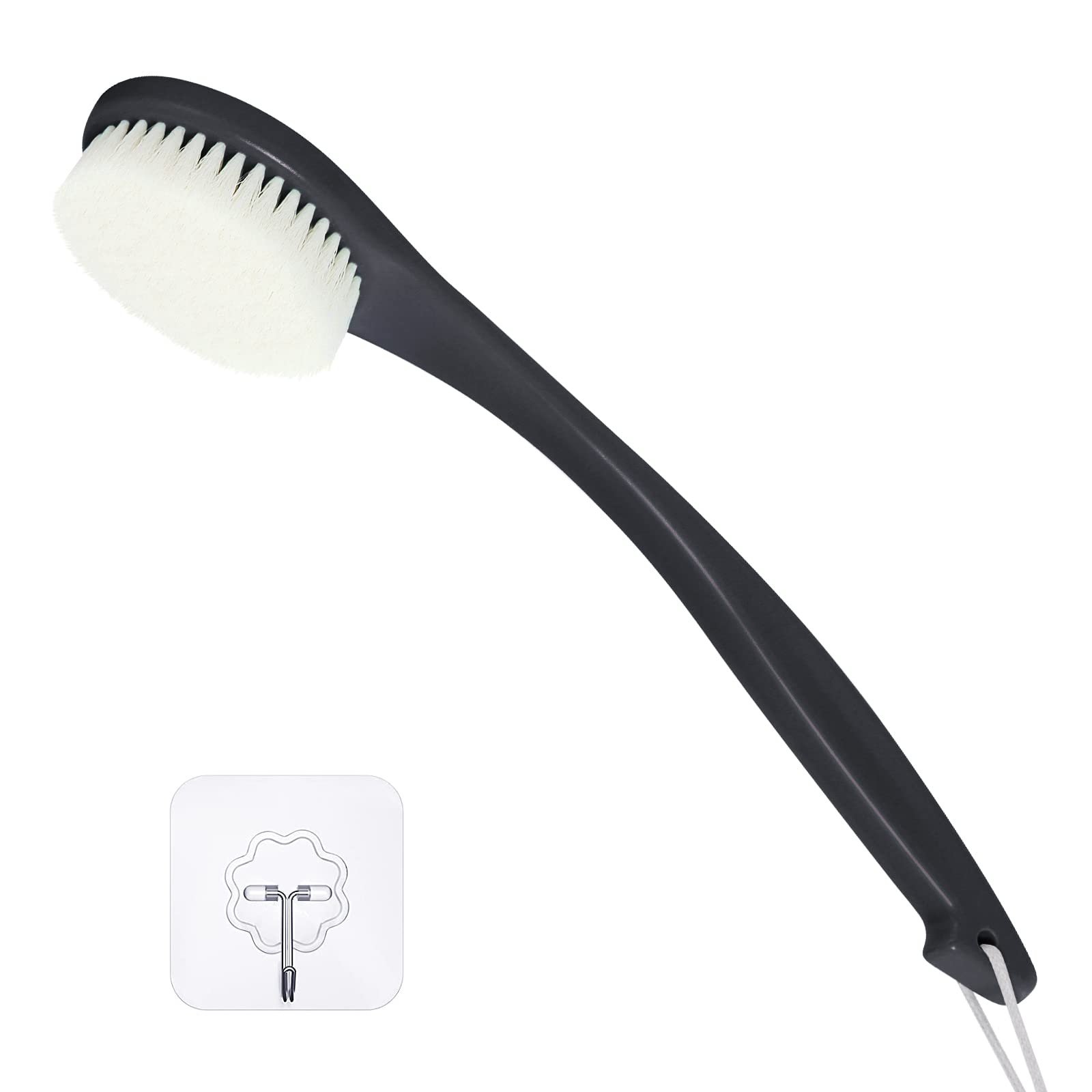 ROLIZOE Back Brush Long Handle for Shower, Soft Bristle Back Scrubbers for Use in Shower, Ergonomics Curved Plastic Back Scrubber Exfoliating Brush with Hook and Lanyard-Black