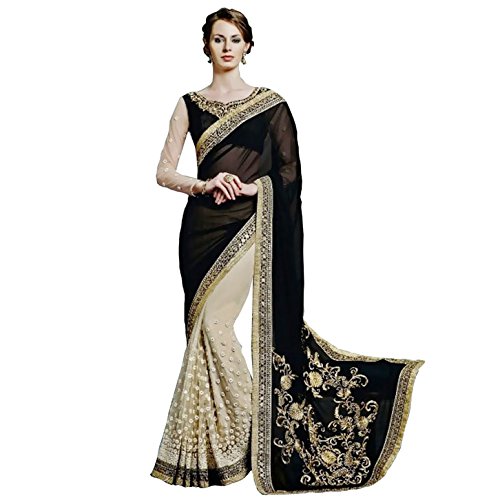 Ustaad Women's Georgette Embroidery Designer Black Saree With Unstitched Blouse