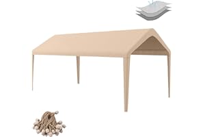 Birodeko Carport Replacement Canopy Cover 10'x20' for Tent Top Garage Shelter Cover with Ball Bungees, 800D Oxford Replacement Cover Waterproof & UV Protection, Not Included Frame (Light Brown)