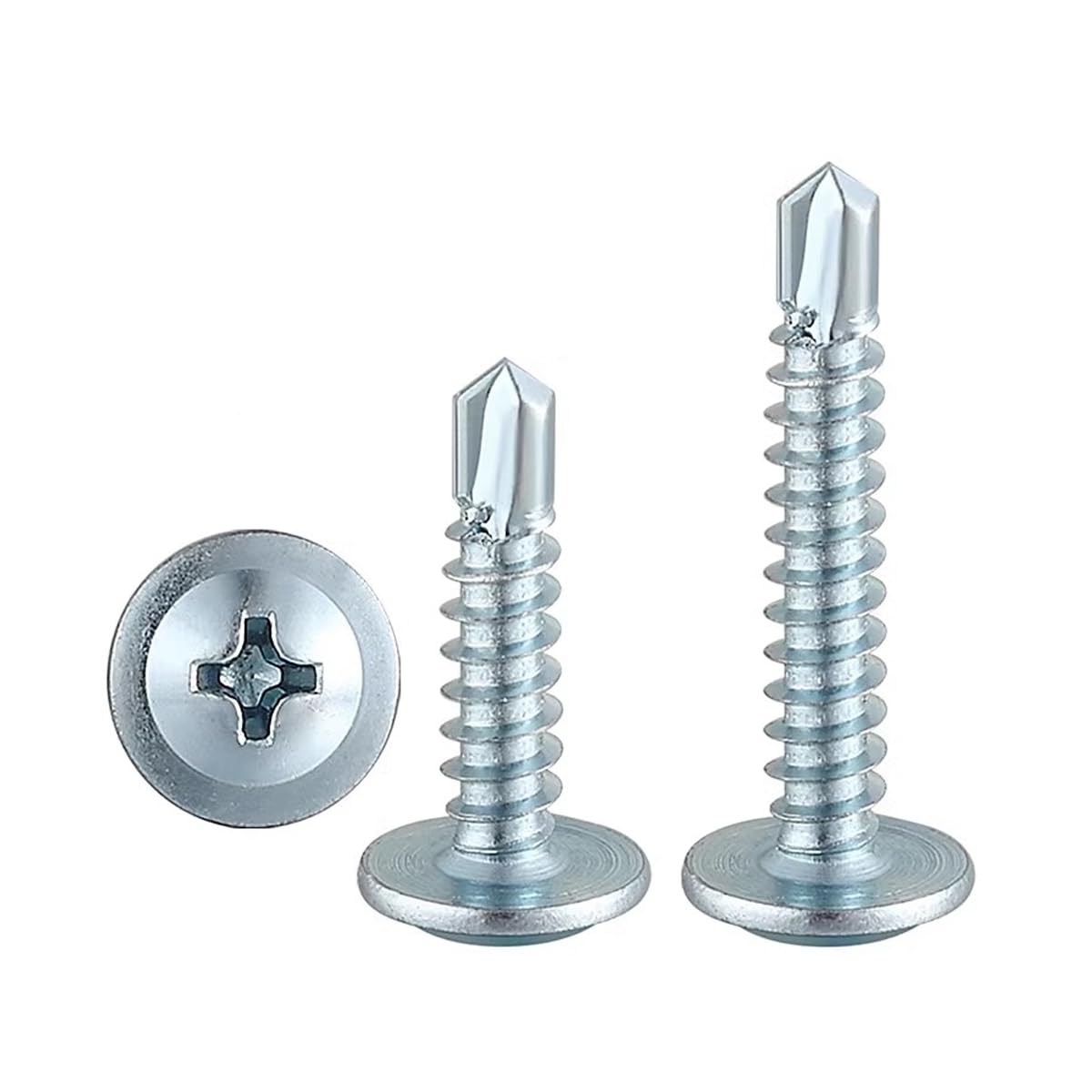 FandWay 100Pcs Wafer Head Self Tapping Screws Metal,M4.2x32mm Self Drilling Screws for Steel,Modified Truss Head Tek Screw,Blue Zinc Coated Sheet Metal Screw for MetalWork Aluminum Wood Plastics.
