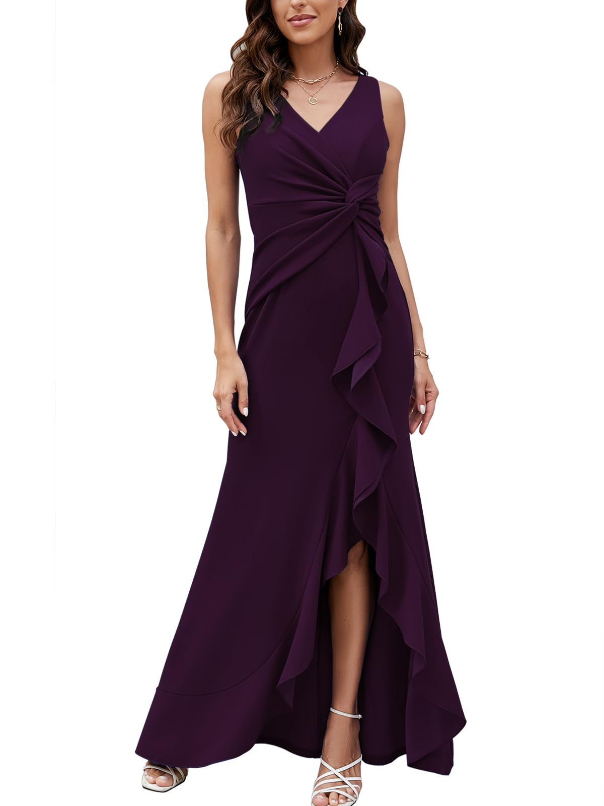 Photo 1 of FQA Long Wedding Guest Dresses for Women Formal Gowns and Evening Dresses Purple V Neck Sleeveless Split Wrap Elegant Dresses for Women Evening Party