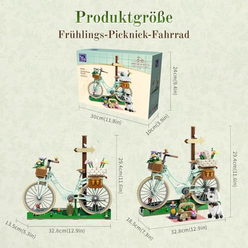 PANTASY Flower Bicycle Clamping Blocks Set, Vintage Decoration Model | Flower Bicycle Construction Set for Adults, Vintage Decoration Model with Flower Baskets, Picnic Scene, Puppy, Gift