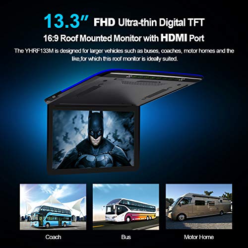 13.3 inch Car Overhead Monitor FHD Digital TFT Screen 1080P Video Car Overhead Player Roof Mounted Monitor HDMI Port White New Version