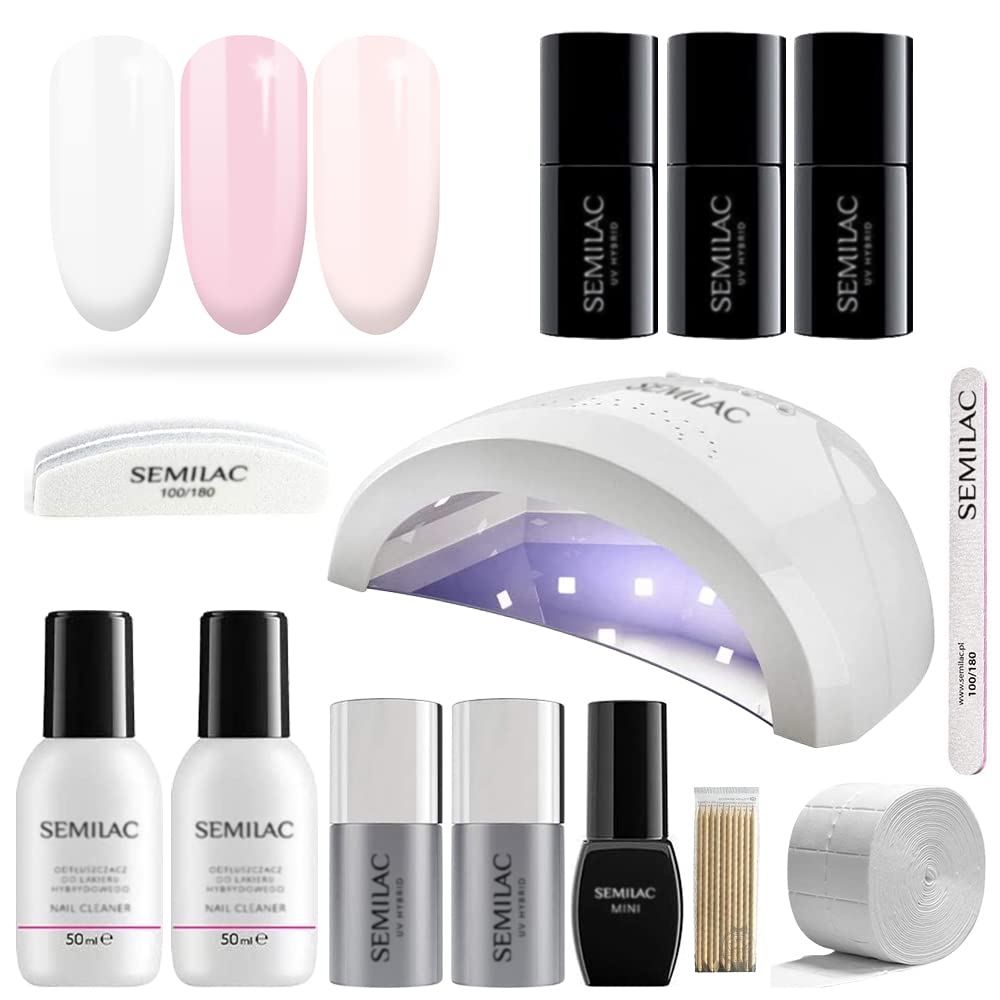 Semilac Love Me Gel Nail Starter Set Kit with UV 24/48W Nail Lamp, 3 Soak Off Gel Polish Colours, (French) Manicure Tools, Top No Wipe & Extend Base Coat, Top Mat, Remover, Cleaner & More