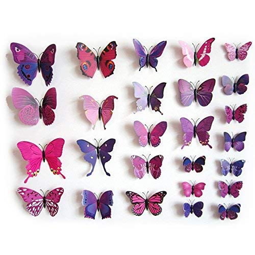 TRIXES 3D Butterflies Purple Pink - 3D - Pack of 12 - Stick On Wall Magnetic Decoration Butterfly Wall Stickers - Colourful Home Bedroom Lounge Accessory