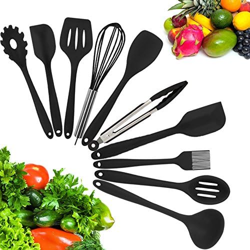 10 Piece Silicone Kitchen Utensil Set by Kuger, Nonstick &amp; Heavy Duty Silicone Cooking Utensil Set(Black)