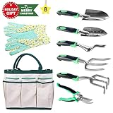 BUTTERFLY LOVE 8 Piece Garden Hand Tools Set with Heavy Duty Cast Aluminum Heads Ergonomic Handles-Gardening Kits with Gloves and Tote Bag for Women