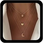 Jugielu Vintage Layered Heart Necklace Choker Crescent Moon Pendant Necklace Small Star Collar Necklace Multilayer Tiny Round Ball Beaded Chain Necklace Jewelry for Women