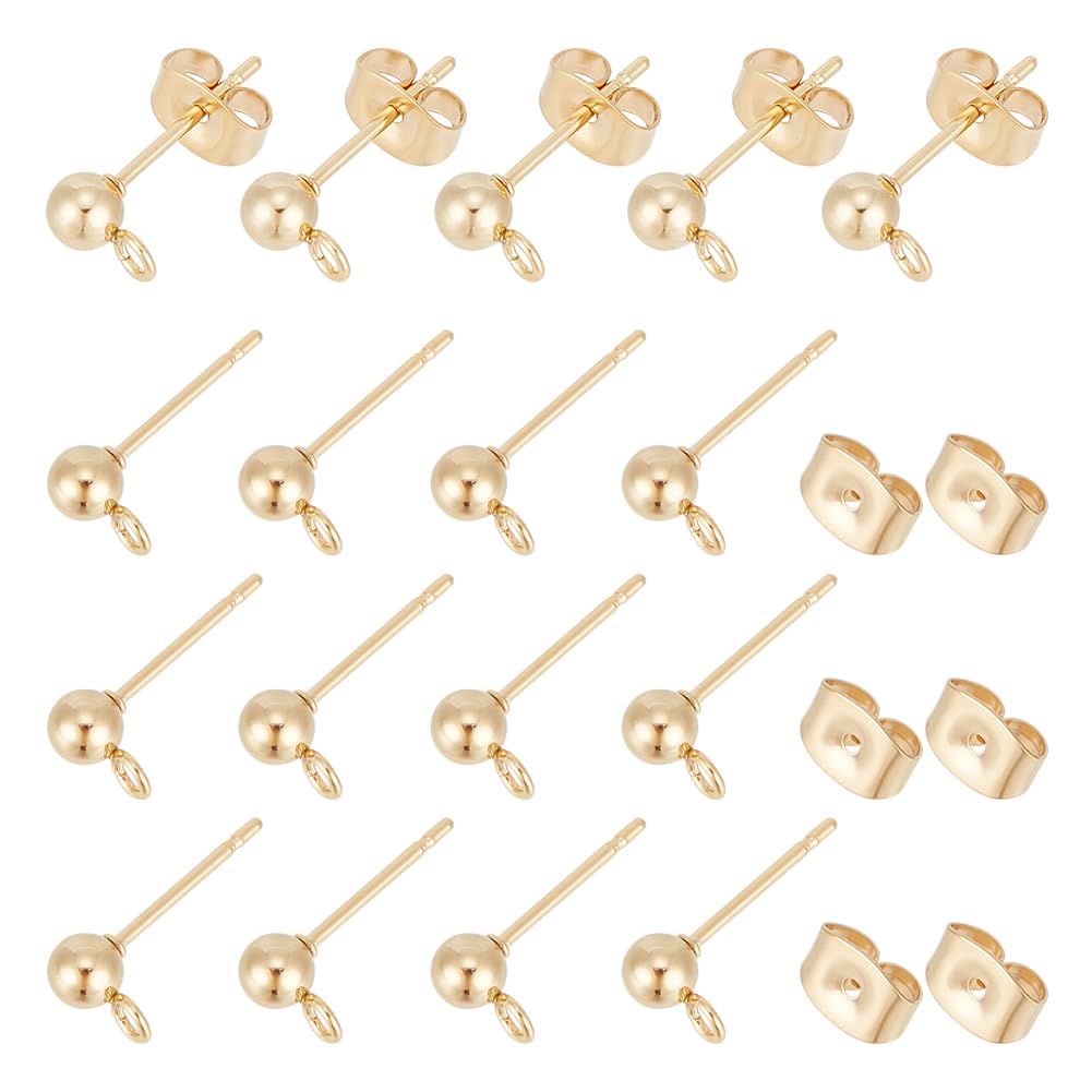 UNICRAFTALE 100pcs(50 Pairs) 4mm Stainless Steel Stud Earrings Ear Stud Components Gold Plated Ball Post Earrings with Loop Ear Studs Jewelry Findings for Earring Making DIY 15x7mm
