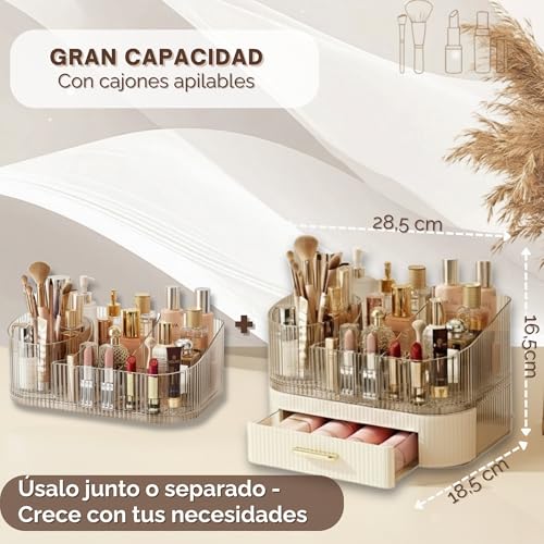 BEMANZ Makeup Organizer with Stackable Drawers and Rotating Module, Transparent with Cream Drawer for Cosmetics, Brushes and Perfumes for Vanity and Desk Makeup Organizer