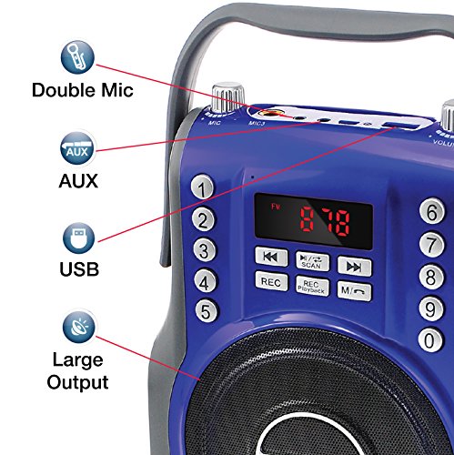 KORAMZI-Karaoke-Portable-Rechargeable-Boombox-with-Bluetooth-FM-Radio-AUX-In-35-mm-Audio-Jack-Bluetooth-Call-Answering-Electric-Guitar-audio-input-MIC-jack-KS-200BL-Blue