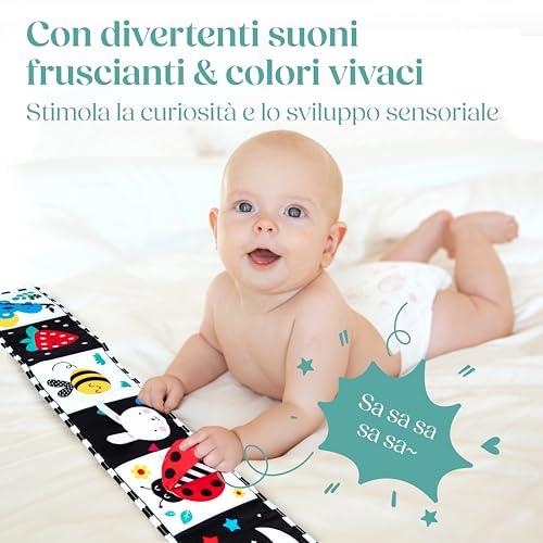 WELLODE Montessori Baby Sensory Book with Teddy Mirror – Black and White Book in Fabric, Montessori – Ultra Soft, Safe and Washable, Ideal for Visual Development and Tummy Time (0-12 Months)