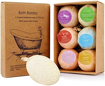 Bath Bombs Gift Set 6 , Denkonni Bath Balls with Loofah Scrubber Exfoliating Spa Bath Bomb Fizzies Kit Handmade Natural Ingredient With Dead Sea Salt Cocoa And Shea Essential Oils Relaxing