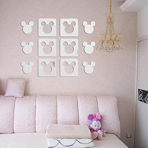 Square Cut Out Cartoon Mickey Mouse Mirror Stickers Wall Decal for Kindergarten Baby Children's Room Deco,12pcs/lot (Silver)