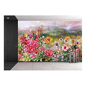 Landscape of Multicolored Flowers Watercolor Painting Style. - Removable Wall Mural | Self-Adhesive Large Wallpaper - 66x96 inches