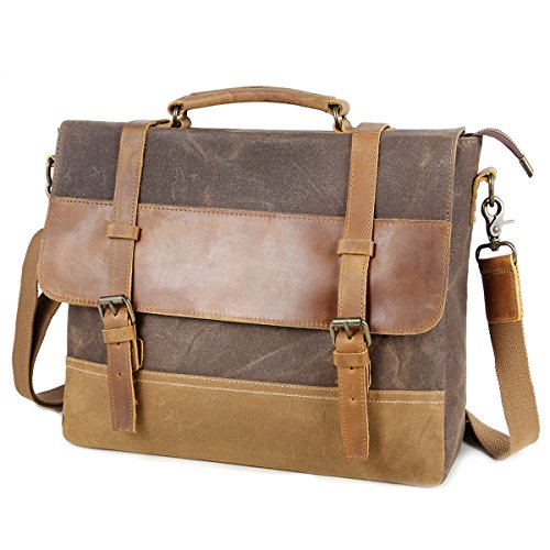 Tocode Menâ€™s Messenger Bag 14 Inch, Vintage Waxed Canvas Genuine Leather Shoulder Bag, Water Resistant Computer Laptop Bag Briefcases Satchel for Work, College, Travel, Coffee