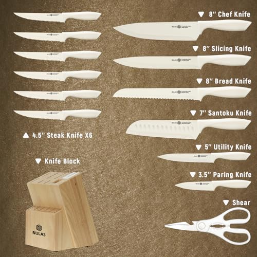 NULAS 15-Piece Kitchen Knife Block Set with Built-in Sharpener, Upgraded Non-Stick Coating Blades, Ergonomic Handles, Dishwasher Safe, Cream