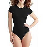 XFit Women's Crew Neck Short Sleeve Thong Bodysuit T Shirts Basic Slim Fitted Crew Neck Body Suit Tops Cotton Stretchy