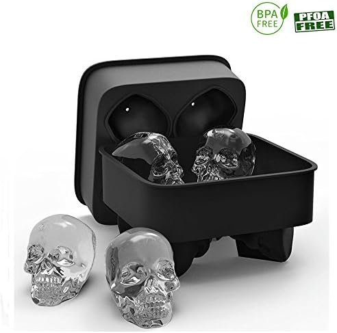YOUR GIFTS 3D Skull Silicone Ice Cube Tray Mold, Makes Four Giant Skulls, Ice Cube Maker in Shapes for Whiskey Ice and Cocktails,Halloween Party Spooky Fun Bar Tool(Black)