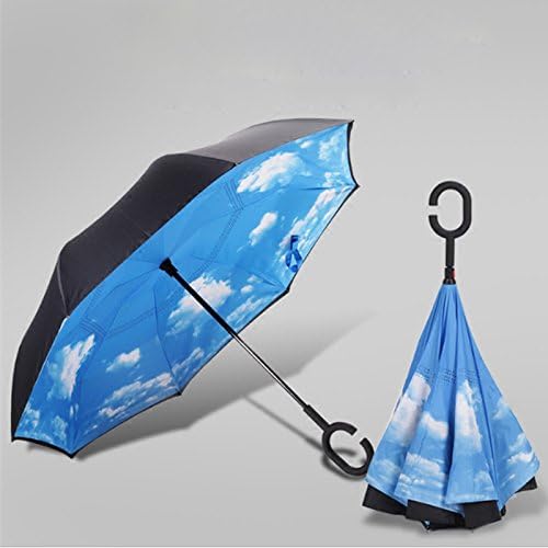 Inverted Umbrella With New Inside Out Reverse Folding Design With Double Layer Windproof Canopy For Sun Wind Rain & UV Protection by Nikoi. Self Standing, Convenient C Handle. Blue Sky & Clouds.