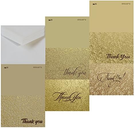 25 Assorted Golden Thank You Cards, 5 Unique Designs, 5x7 inches 114 lb Folded Greeting Cards, blank inside, 25 White Linen 80 lb LUXPaper Envelopes - Gold