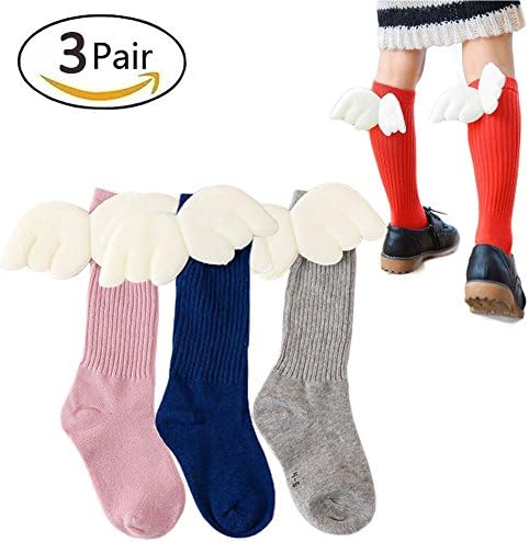 3 Pack Toddler kids Girls stockings Knee High Wings Novelty Cotton Tube Socks,Chiristmas Gift(L(7-10years), 4-Navy-pink-grey)