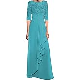 WIEQYO Mother of The Bride Dresses Laces Appliques 3/4 Sleeve Chiffon Ruched Formal Evening Gown for Wedding